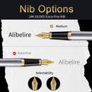 caneta tinteiro HDDNB de luxo prateada para homens e mulheres com estojo de presente, acabamento em ouro 24 quilates e pena dourada (extrafina), com 5 cartuchos de tinta preta e conversor- DELUXE EDITION