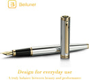 Caneta tinteiro BEILUNER cromada prateada, luxo deslumbrante com detalhes em ouro 24K, linda ponta dourada 24K (média), caneta elegante para presente para homens e mulheres - conversor de tinta - DELUXE EDITION