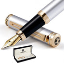 caneta tinteiro HDDNB de luxo prateada para homens e mulheres com estojo de presente, acabamento em ouro 24 quilates e pena dourada (extrafina), com 5 cartuchos de tinta preta e conversor- DELUXE EDITION