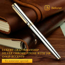 Caneta tinteiro BEILUNER cromada prateada, luxo deslumbrante com detalhes em ouro 24K, linda ponta dourada 24K (média), caneta elegante para presente para homens e mulheres - conversor de tinta - DELUXE EDITION