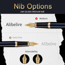 Caneta tinteiro HDDNB azul de luxo para homens e mulheres com caixa de presente, acabamento dourado 24K e ponta dourada (média) com 5 cartuchos de tinta preta e conversor- DELUXE EDITION