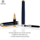 Caneta tinteiro HDDNB azul de luxo para homens e mulheres com caixa de presente, acabamento dourado 24K e ponta dourada (média) com 5 cartuchos de tinta preta e conversor- DELUXE EDITION