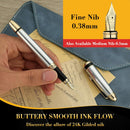 Caneta tinteiro BEILUNER cromada prata 315, canetas de luxo deslumbrantes com detalhes em ouro 24K, linda ponta dourada 24K (fina), conversor de tinta, presente chique para homens e mulheres - DELUXE EDITION