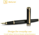 Caneta tinteiro BEILUNER preta, canetas de luxo deslumbrantes com detalhes em ouro 24K, linda ponta dourada 24K (fina), caneta de presente confiável para homens e mulheres - conversor de tinta - DELUXE EDITION