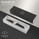 Caneta tinteiro Parker IM, laca preta com acabamento dourado, ponta fina, refil de tinta azul, caixa de presente elegante- DELUXE EDITION