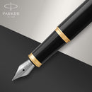 Caneta tinteiro Parker IM, laca preta com acabamento dourado, ponta fina, refil de tinta azul, caixa de presente elegante- DELUXE EDITION